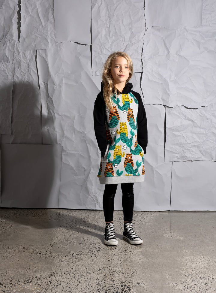 Minti Mer-Cats Furry Hoodie Dress - Grey Marle/Black