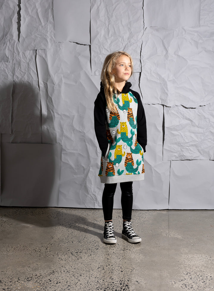 Minti Mer-Cats Furry Hoodie Dress - Grey Marle/Black