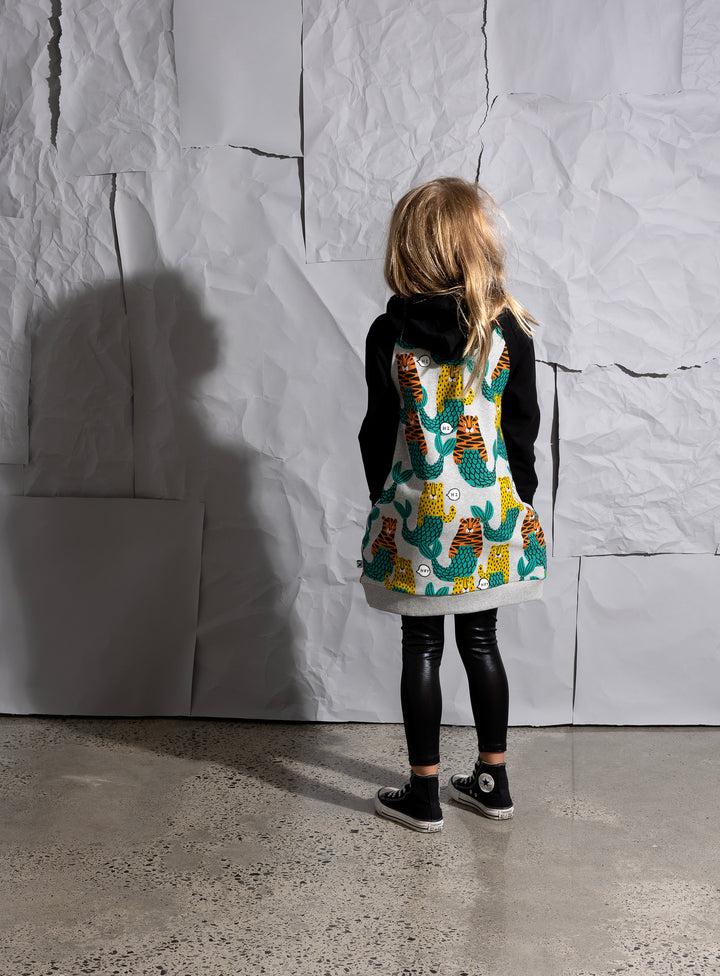 Minti Mer-Cats Furry Hoodie Dress - Grey Marle/Black