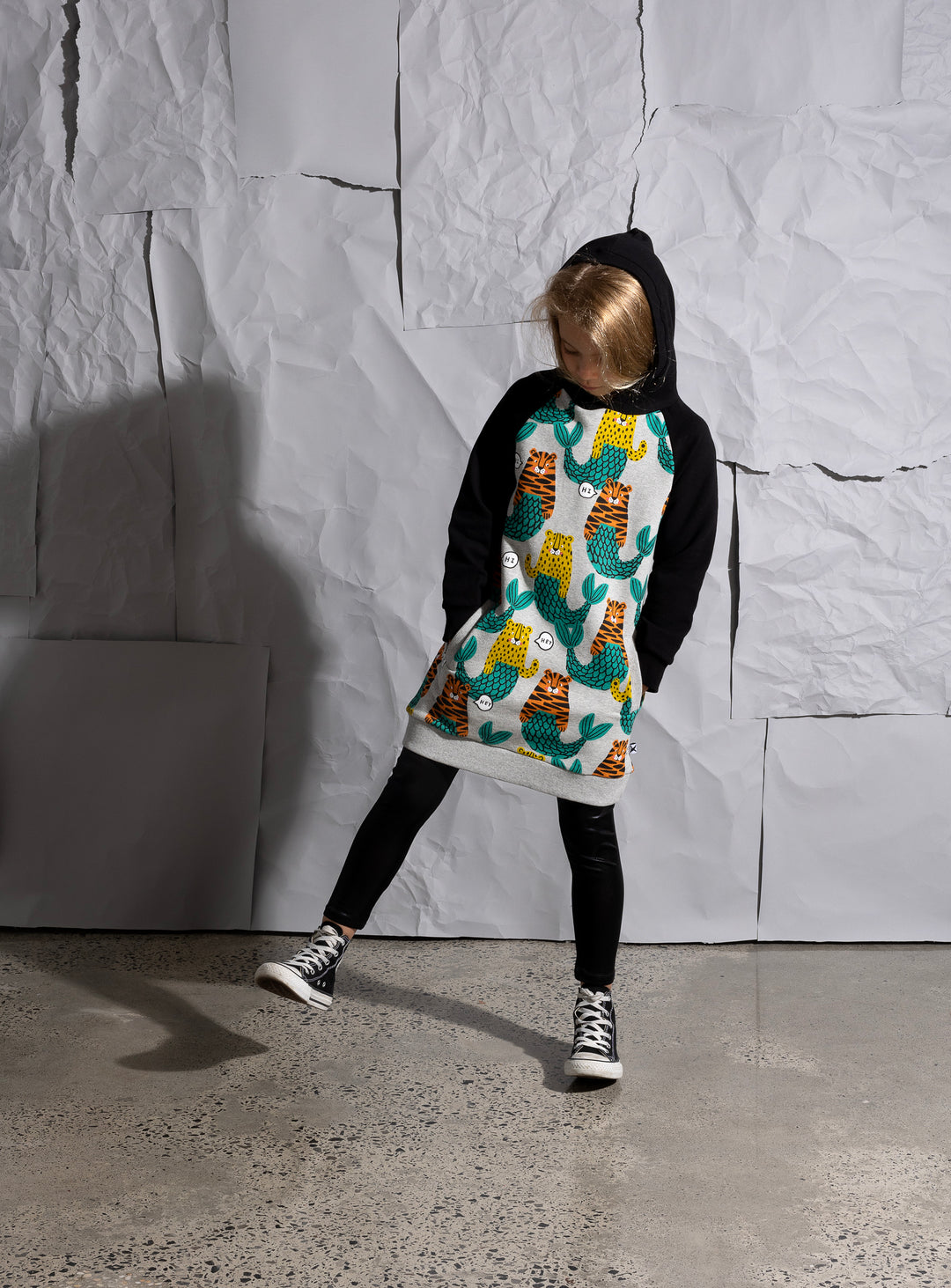 Minti Mer-Cats Furry Hoodie Dress - Grey Marle/Black