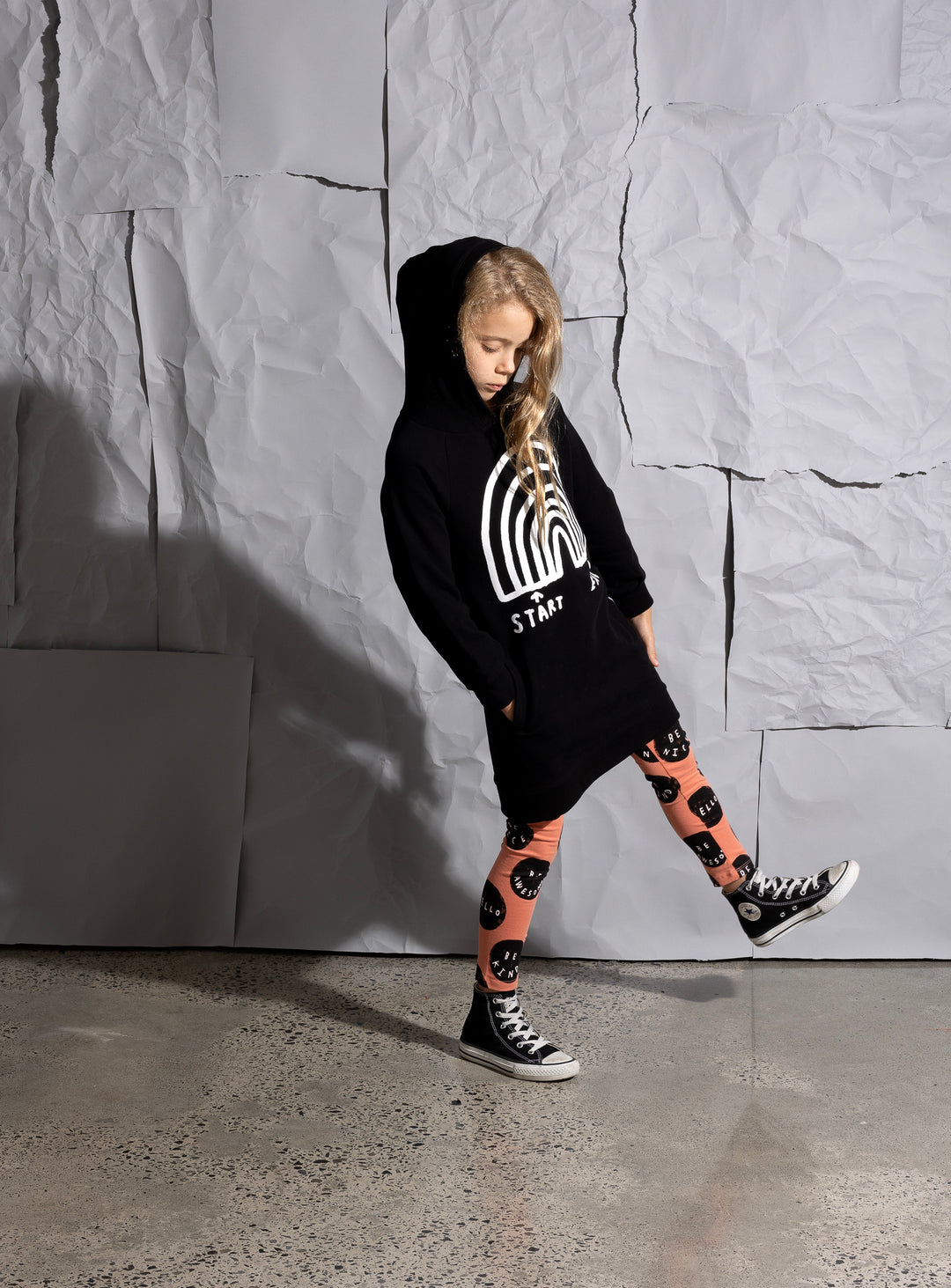 Minti Rainbow Diagram Furry Hoodie Dress - Black