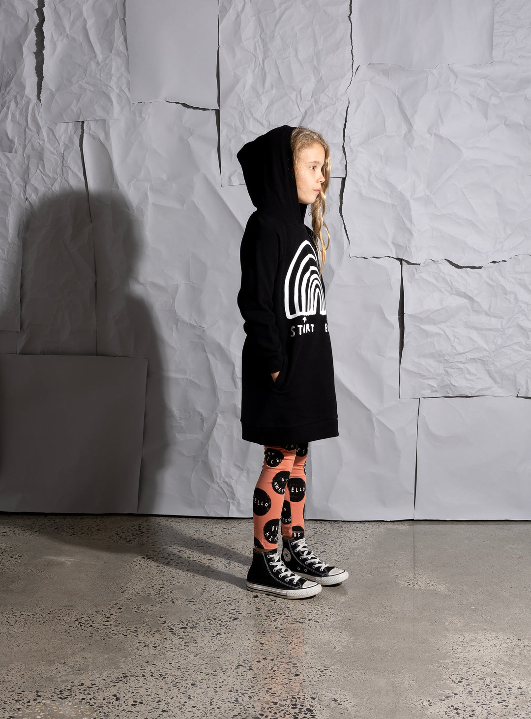 Minti Rainbow Diagram Furry Hoodie Dress - Black