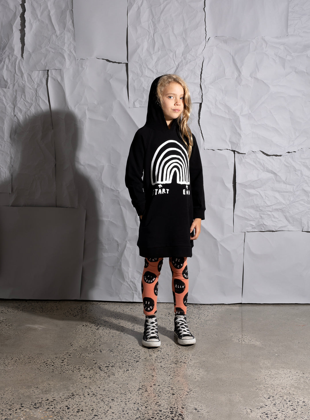 Minti Rainbow Diagram Furry Hoodie Dress - Black