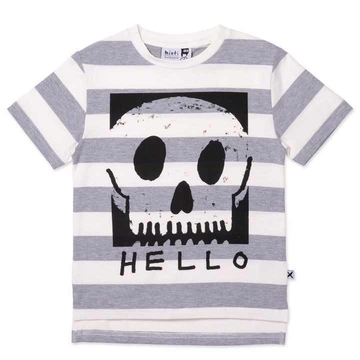 Minti Square Skull Tee - White/Grey Marle Stripe