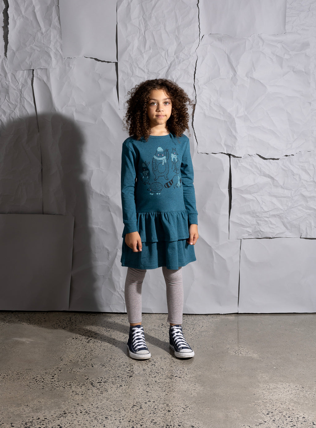 Minti Warm Forest Friends Dress - Teal Marle