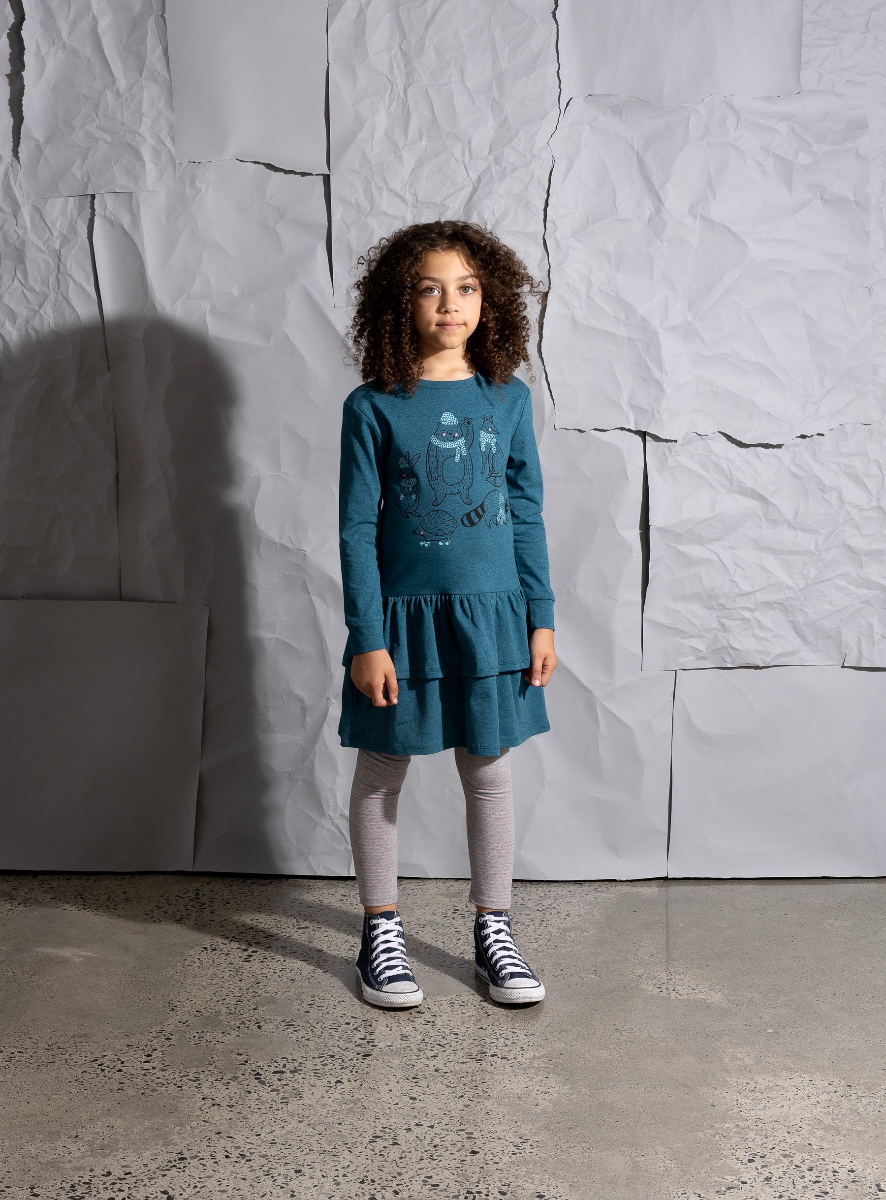 Minti Warm Forest Friends Dress - Teal Marle
