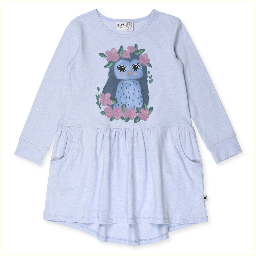 Minti Pretty Owl Dress - Cornflower Marle