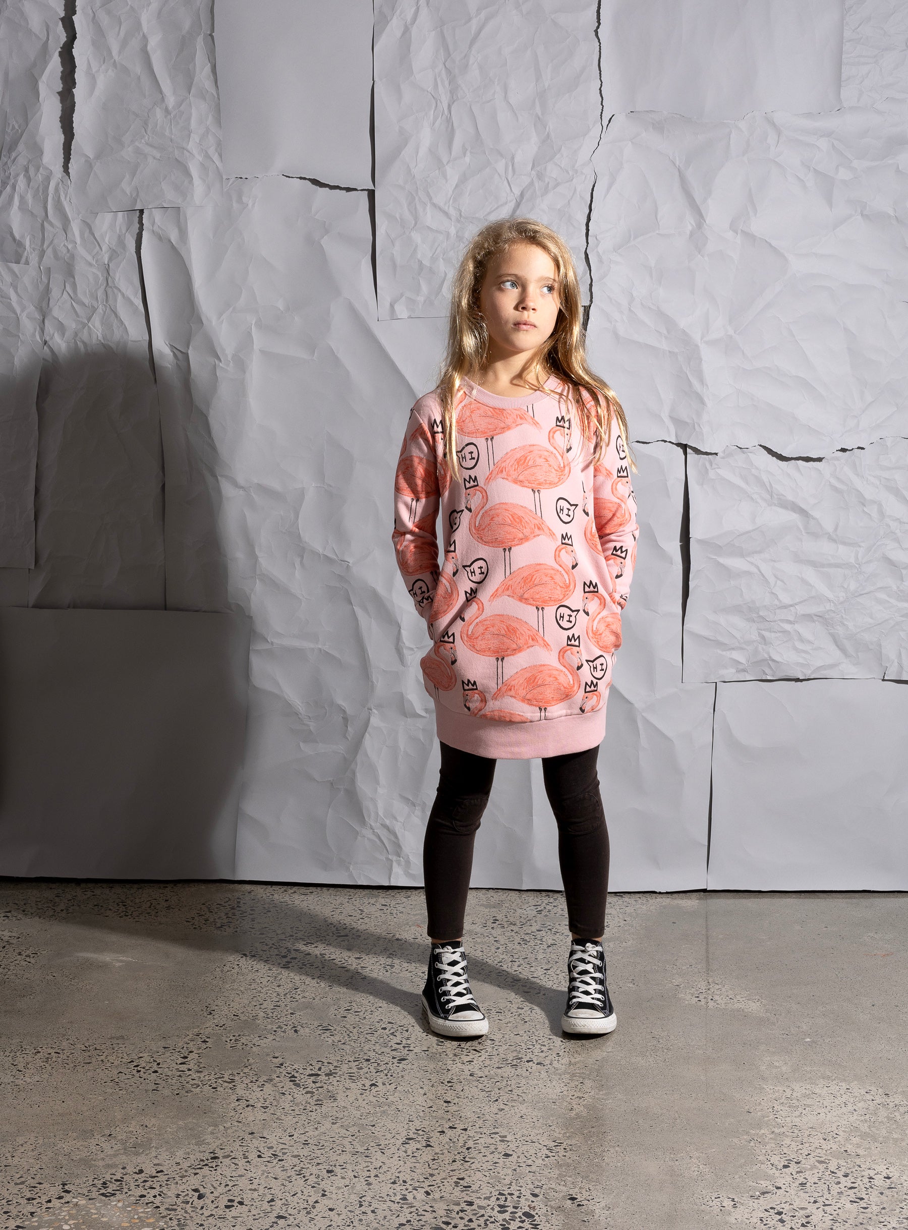 Minti Friendly Flamingos Furry Dress - Muted Pink