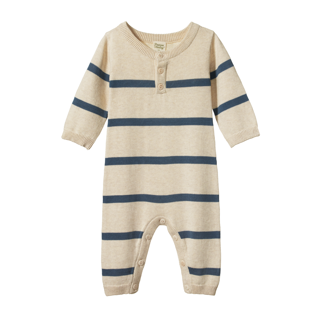 Nature Baby Cotton Knit Lou Suit - Oatmeal Marl/Sky Blue Stripe