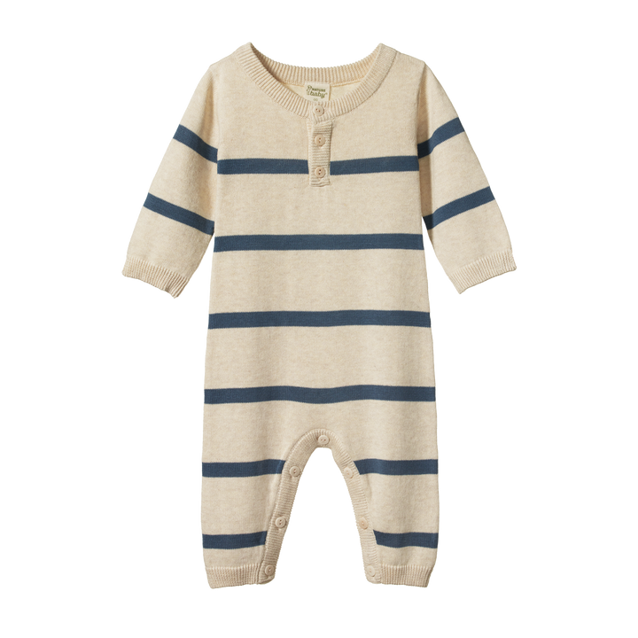 Nature Baby Cotton Knit Lou Suit - Oatmeal Marl/Sky Blue Stripe