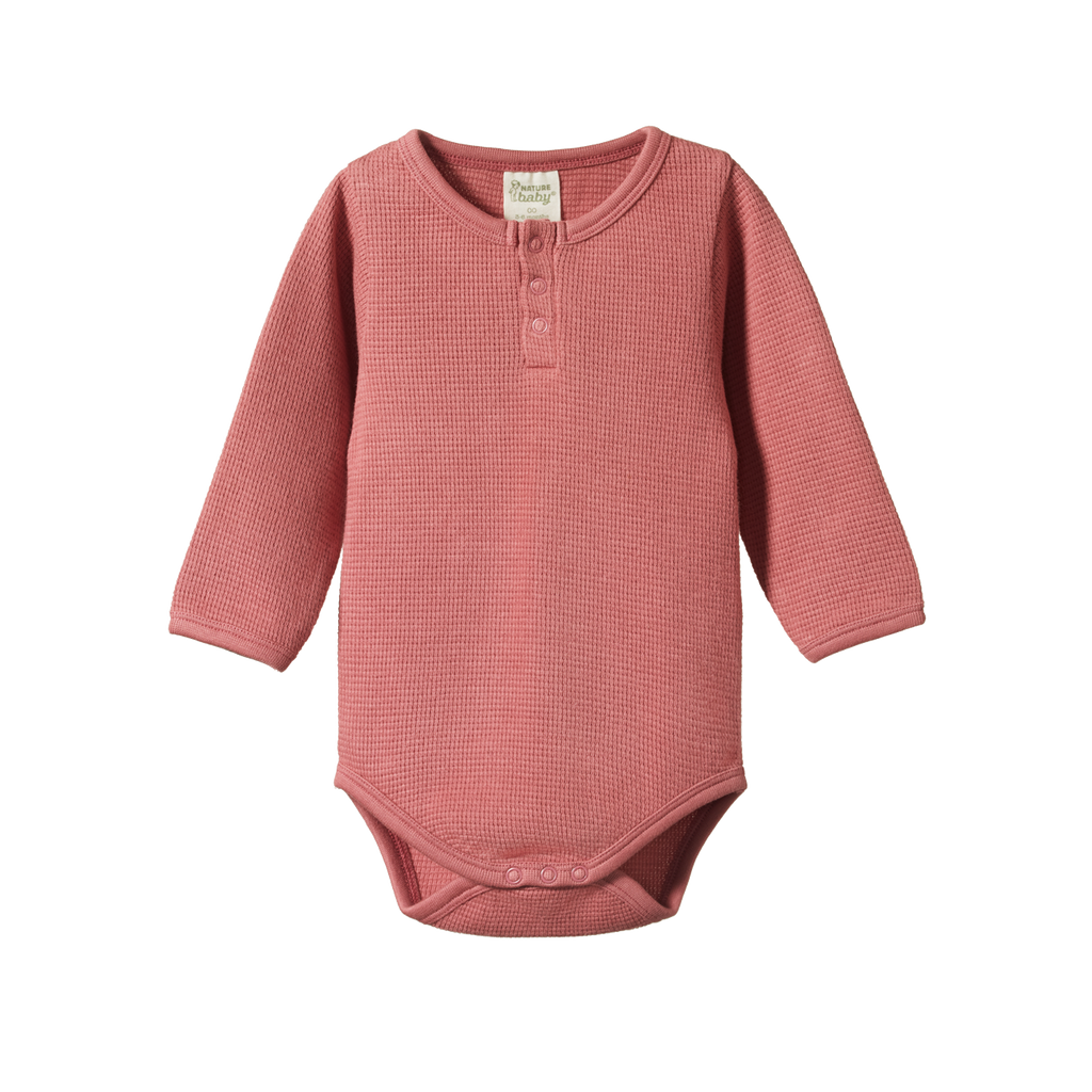 Nature Baby Long Sleeve Henley Waffle Bodysuit - Rose Clay