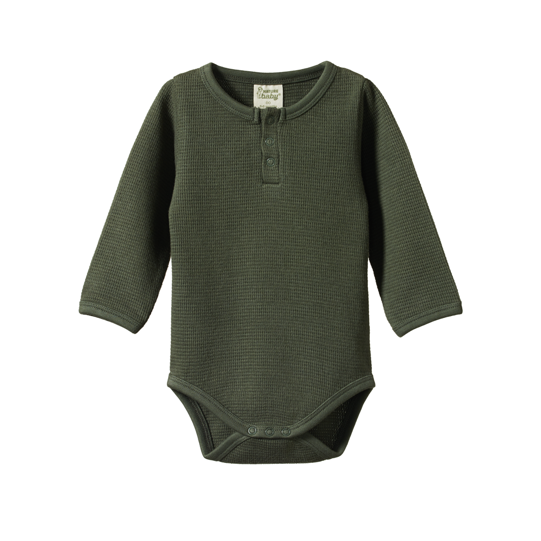 Nature Baby Long Sleeve Henley Waffle Bodysuit - Thyme