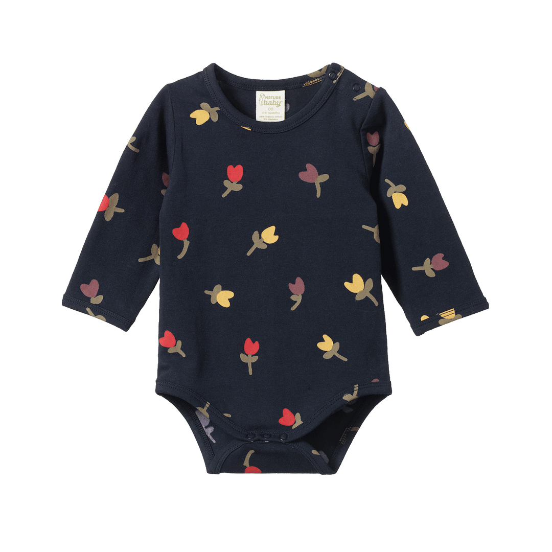 Nature Baby Long Sleeve Stetch Jersey Bodysuit - Navy Tulip Print