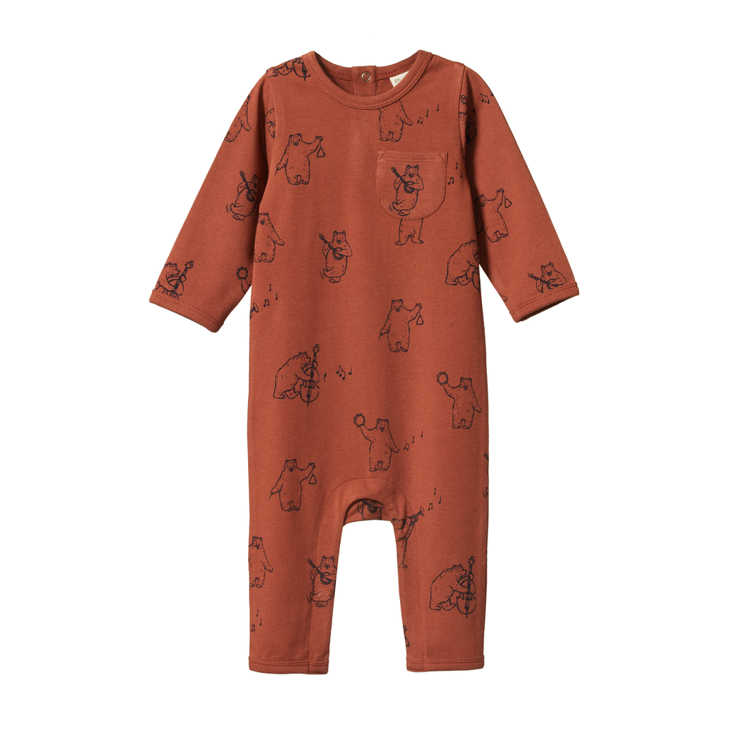 Nature Baby Long Sleeve Quincy Romper - Bluegrass Bears Coco Print