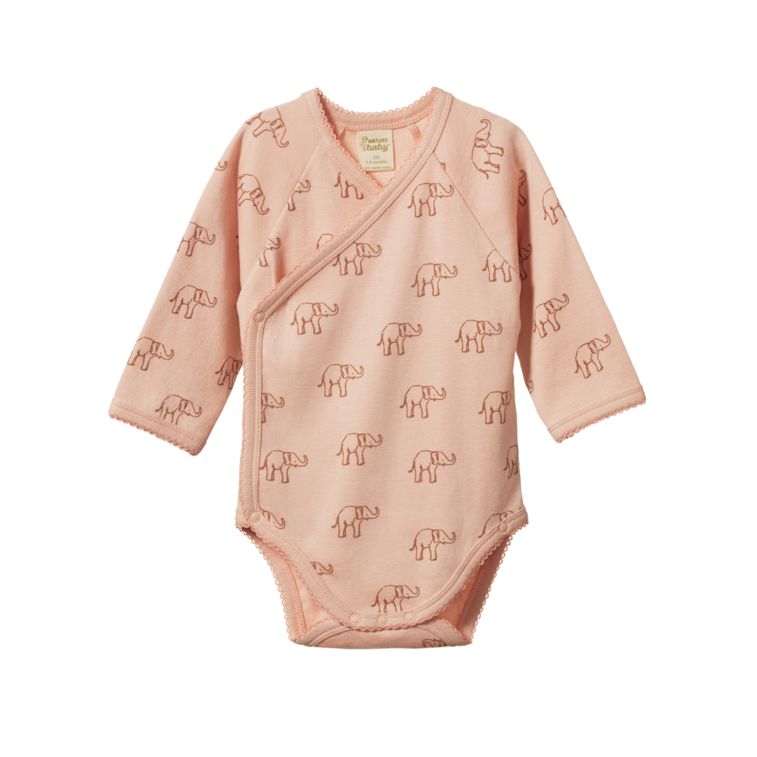 Nature Baby Long Sleeve Kimono Bodysuit Elephant Rose Dust Print