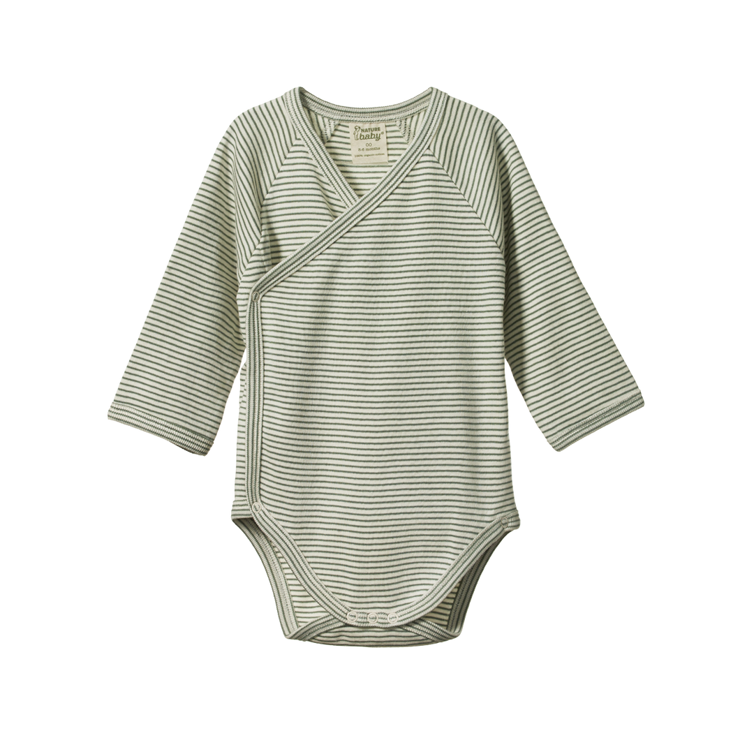 Nature Baby Long Sleeve Kimono Bodysuit - Nettle Pinstripe
