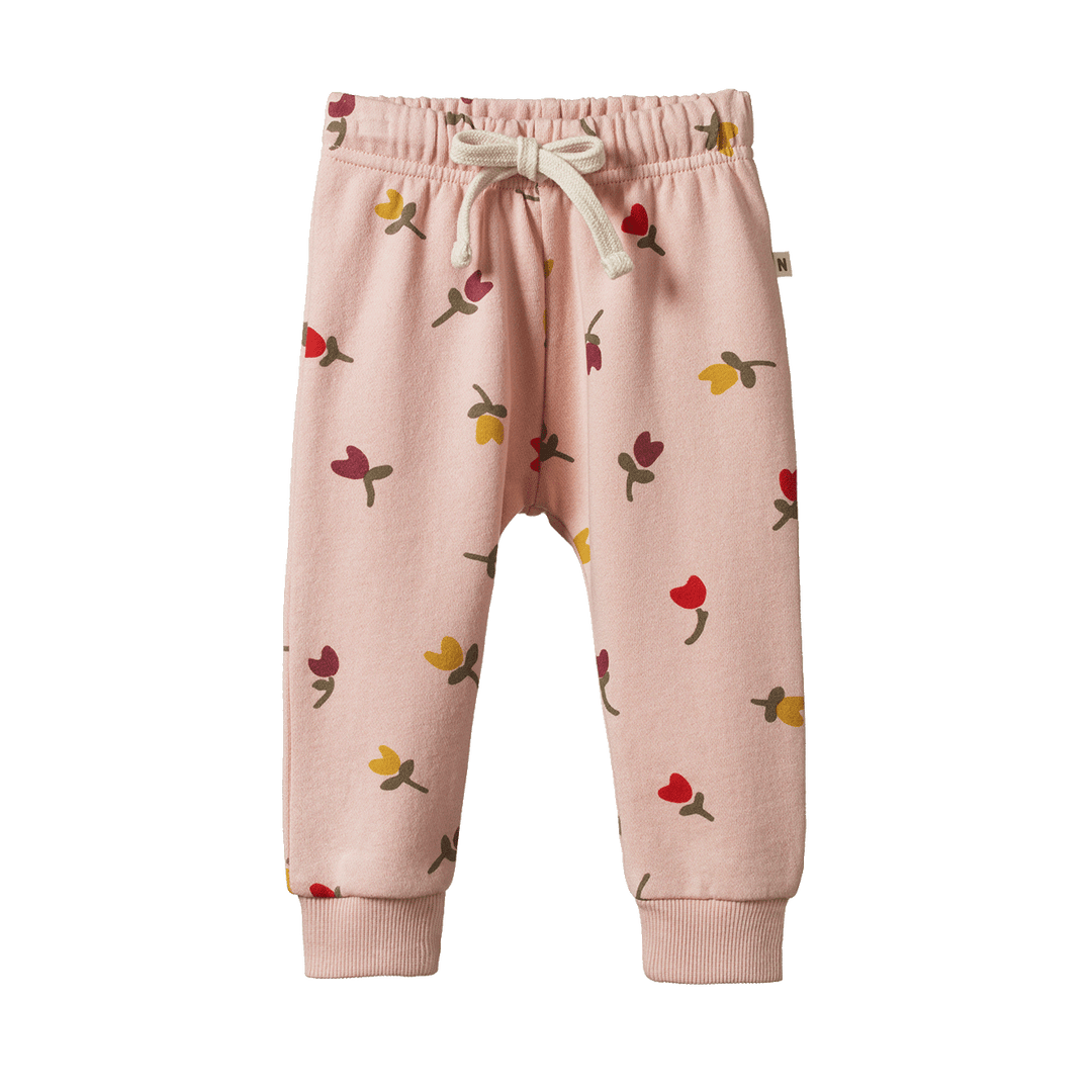Nature Baby Sunday Track Pants Tulips Rose Dust Print Daisy and Hen