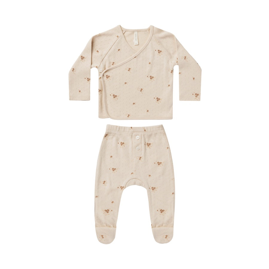 Quincy Mae Pointelle Wrap Top + Footed Pant Set | Ditsy Clay