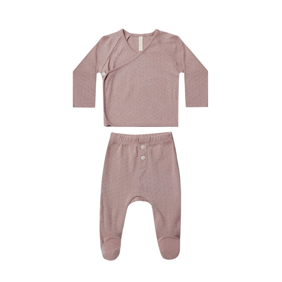 Quincy Mae Pointelle Wrap Top + Footed Pant Set | Lilac