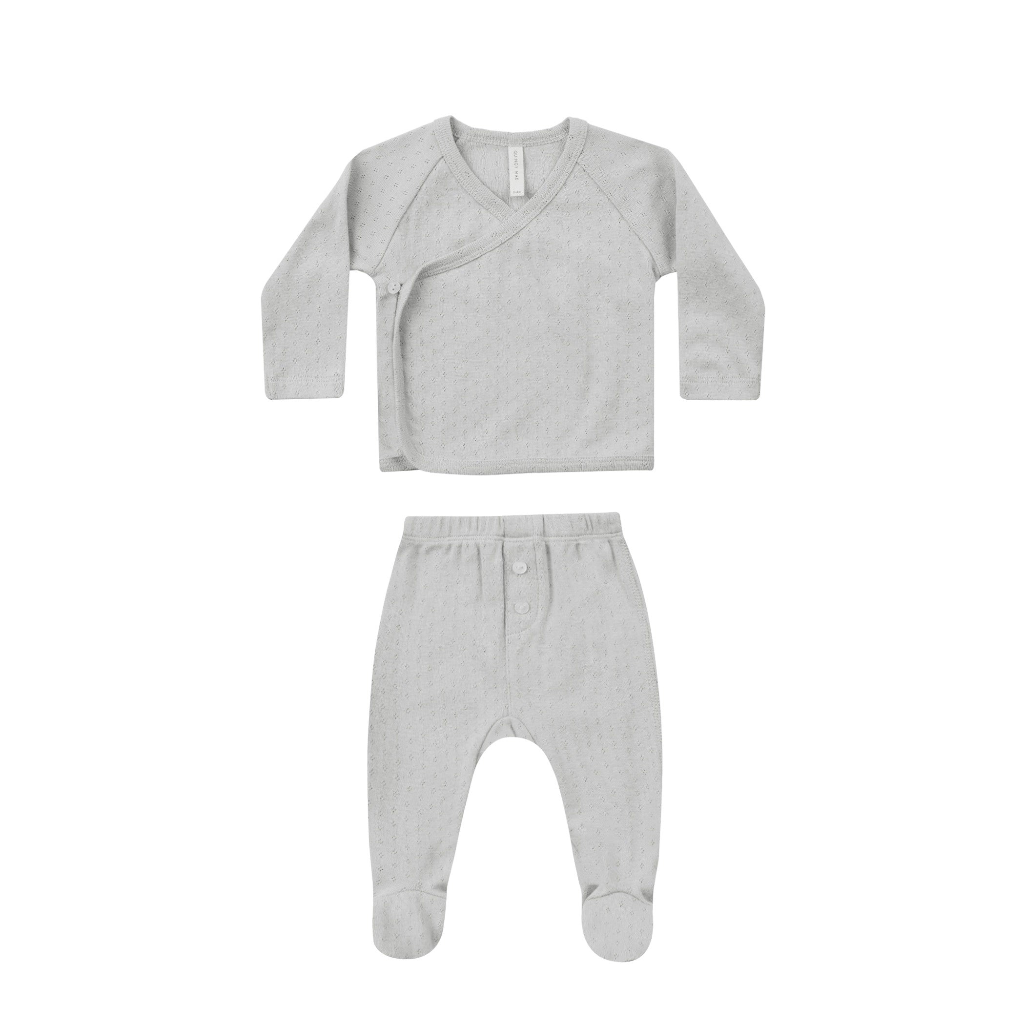 Quincy Mae Pointelle Wrap Top + Footed Pant - Cloud
