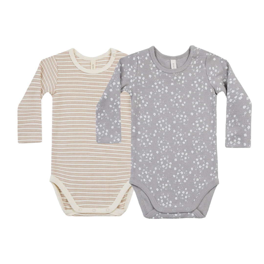 Quincy Mae Ribbed Bodysuit 2 Pack - Fleur/Oat Stripe