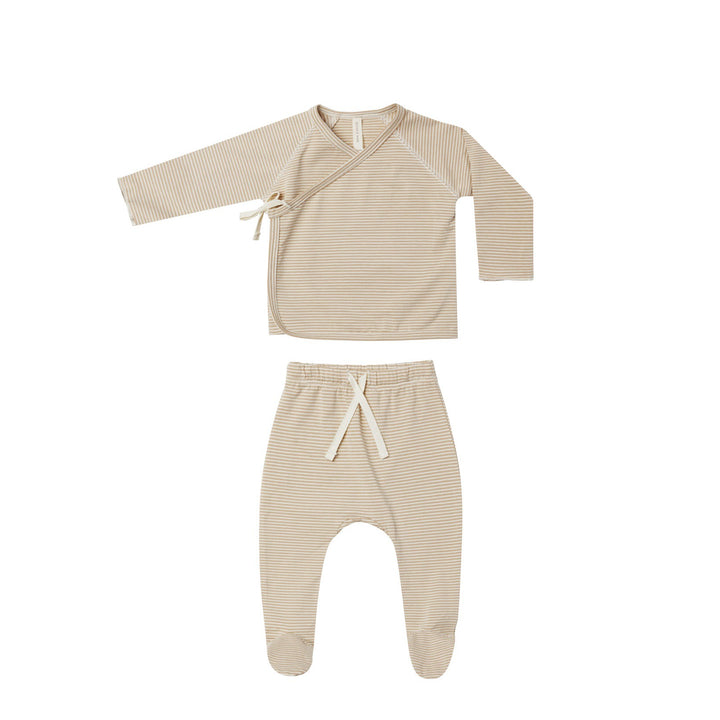 Quincy Mae Wrap Top and Footed Pant Set - Latte Micro Stripe