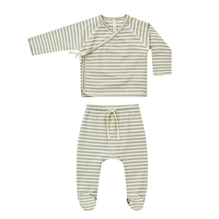 Quincy Mae Wrap Top and Footed Pant Set - Sage Stripe