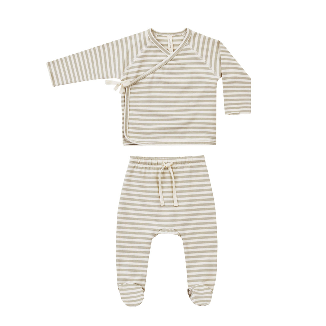 Quincy Mae Wrap Top + Footed Pant Set - Ash Stripe