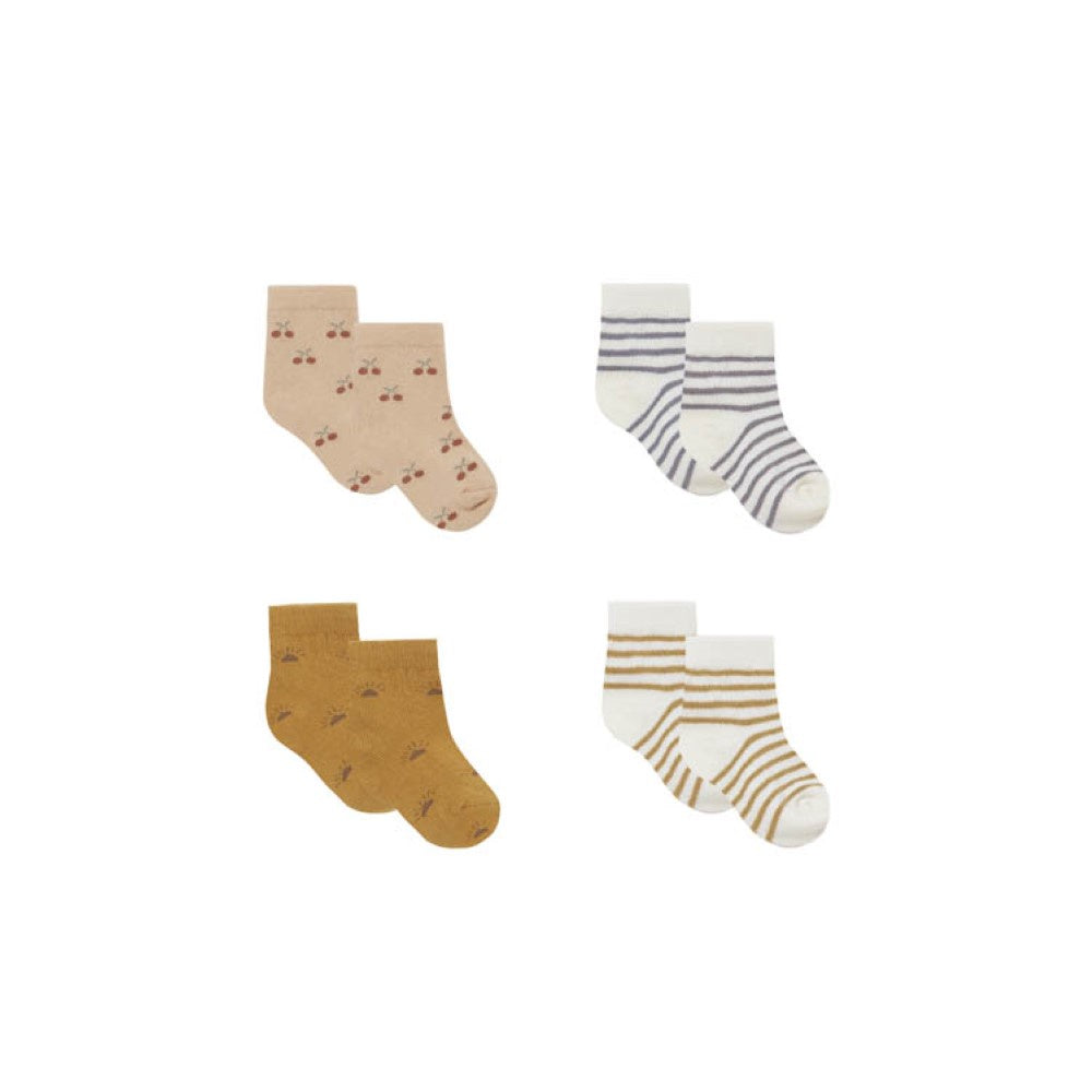 Quincy Mae Printed Baby Socks Set - Cherries/Ocre Stripe/Suns/Indigo Stripe