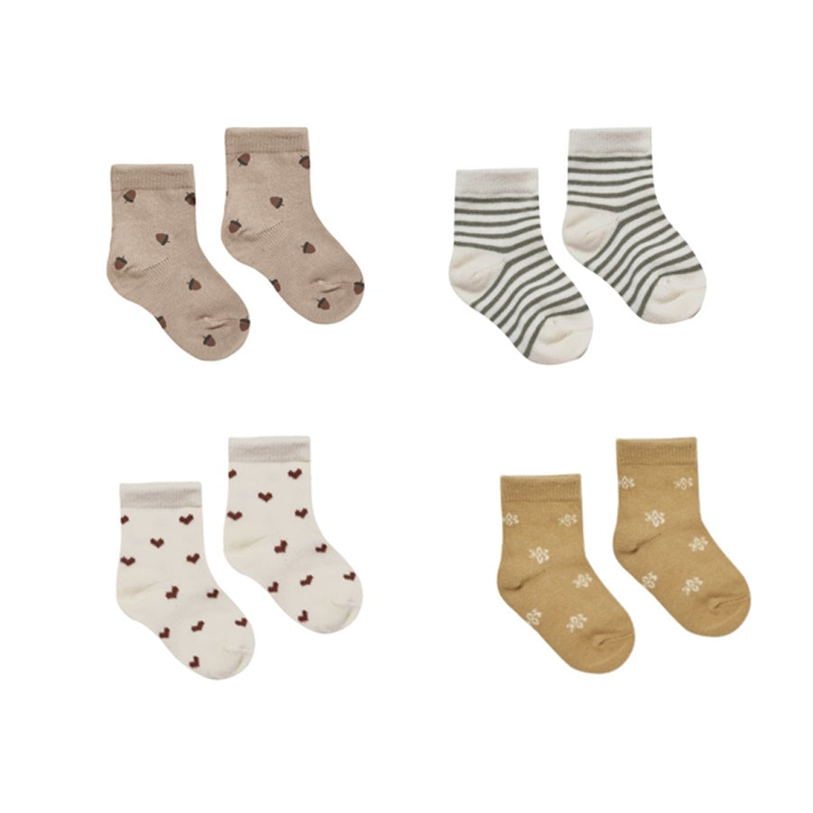 Quincy Mae Printed Socks Set - Fern Stripe/Acorns/Hearts/Daisy