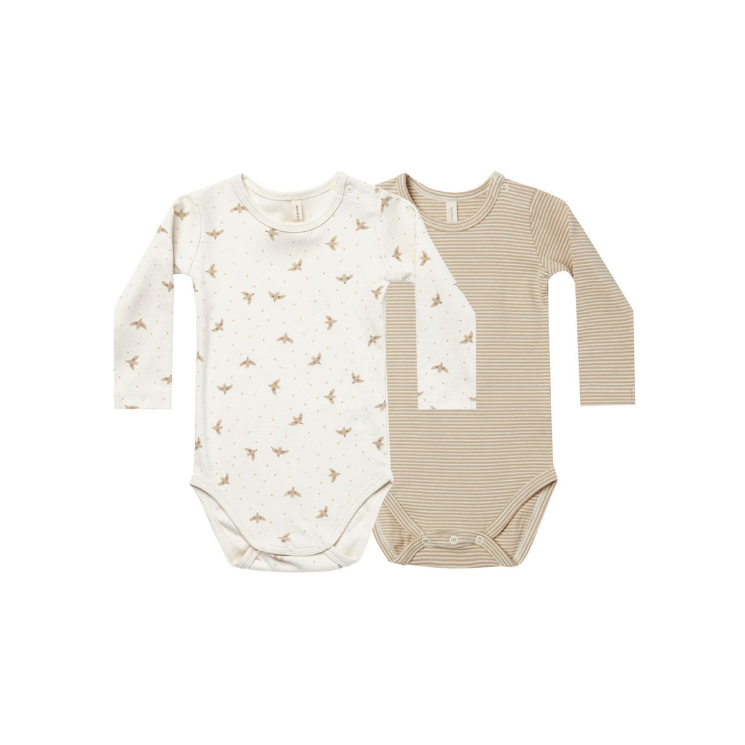 Quincy Mae Jersey Bodysuit 2-Pack - Doves/Latte Micro Stripe