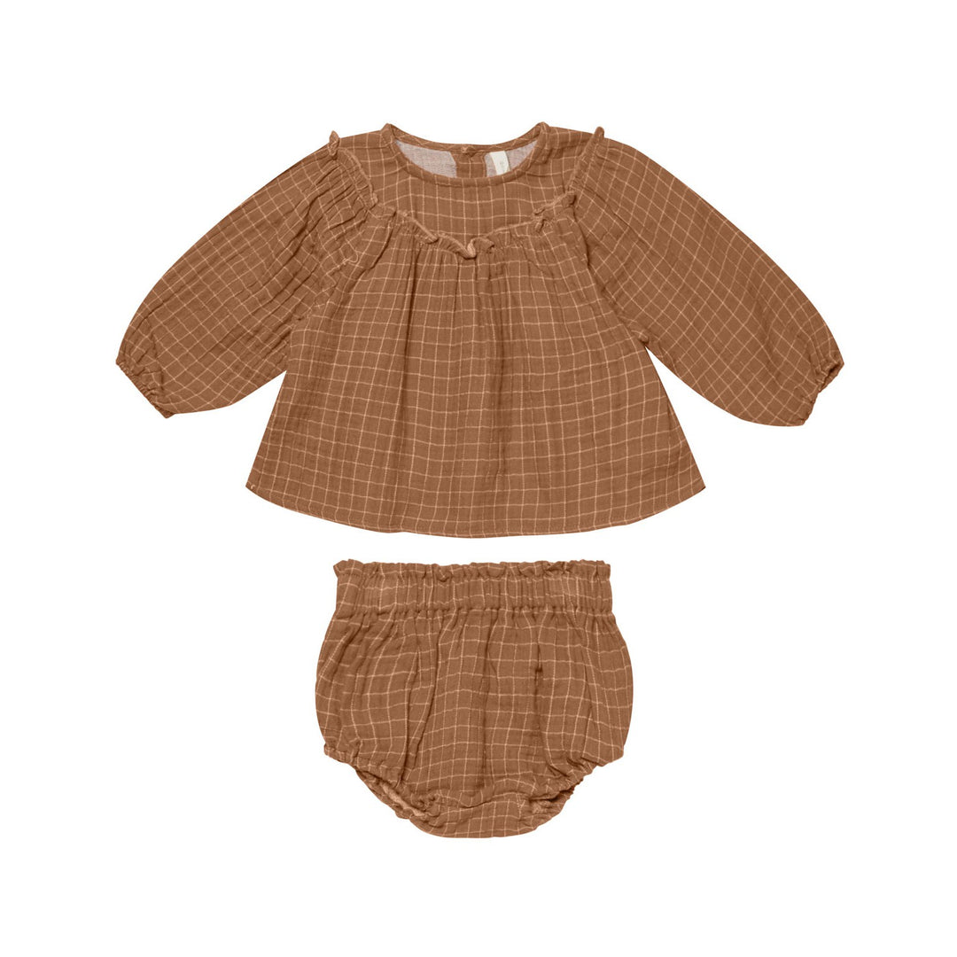 Quincy Mae Mia Top + Bloomer Set - Cinnamon Grid