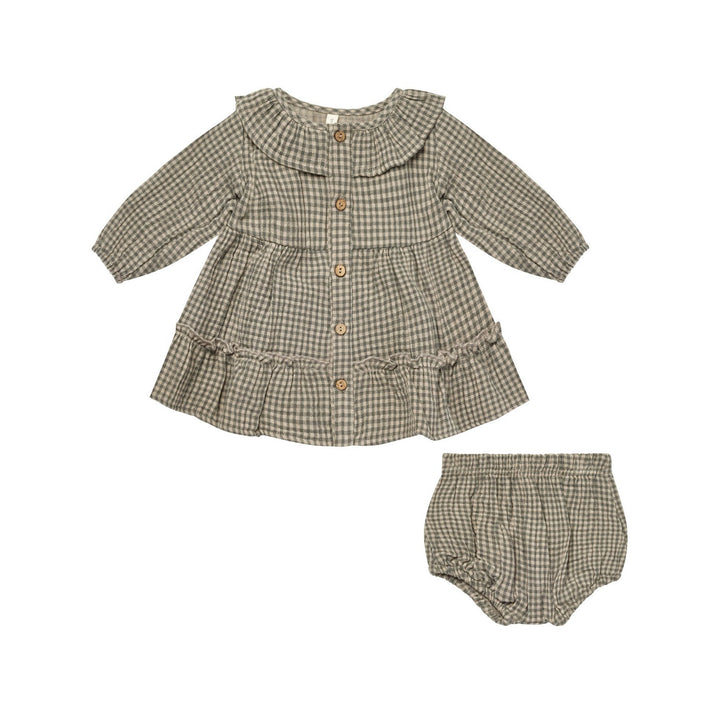 Quincy Mae Ruffle Collar Button Dress - Forest Micro Plaid