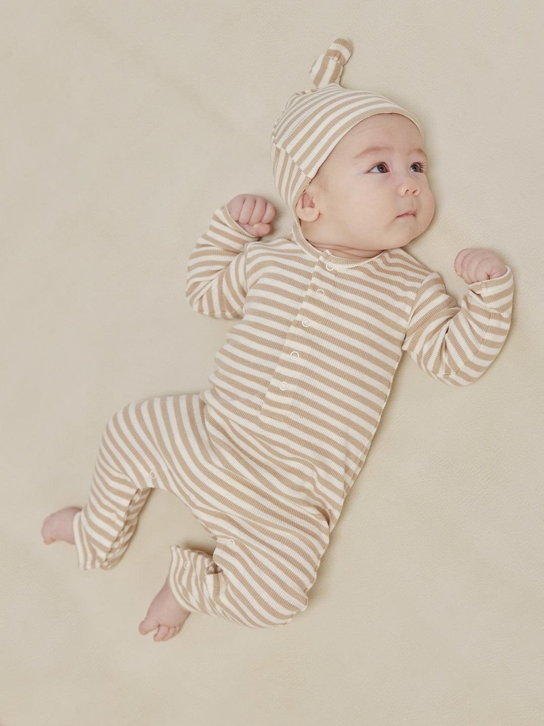 Quincy Mae Ribbed Baby Jumpsuit | Latte Stripe
