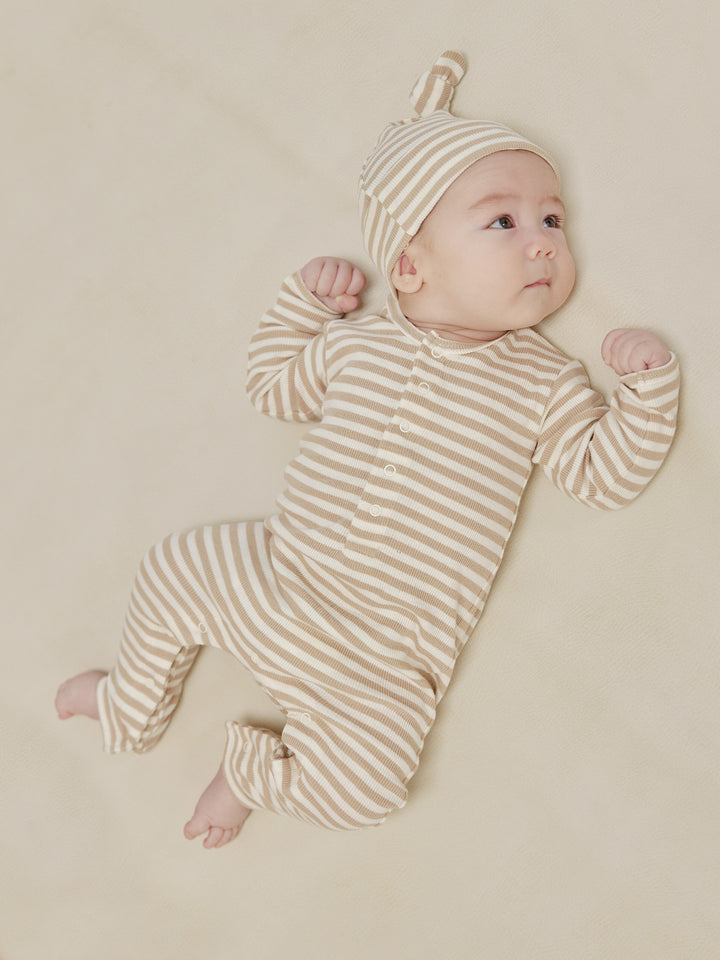 Quincy Mae Ribbed Baby Jumpsuit | Latte Stripe