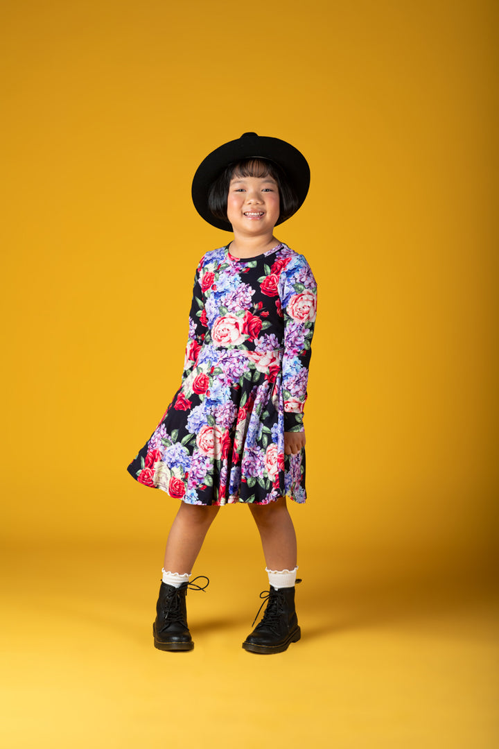 Rock Your Baby Midnight Florals Long Sleeve Waisted Dress
