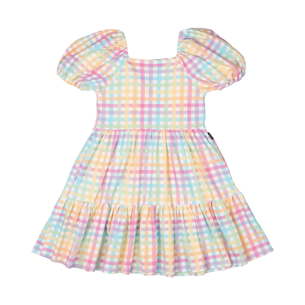 Rock Your Baby Puff Sleeve Dress - Rainbow Plaid