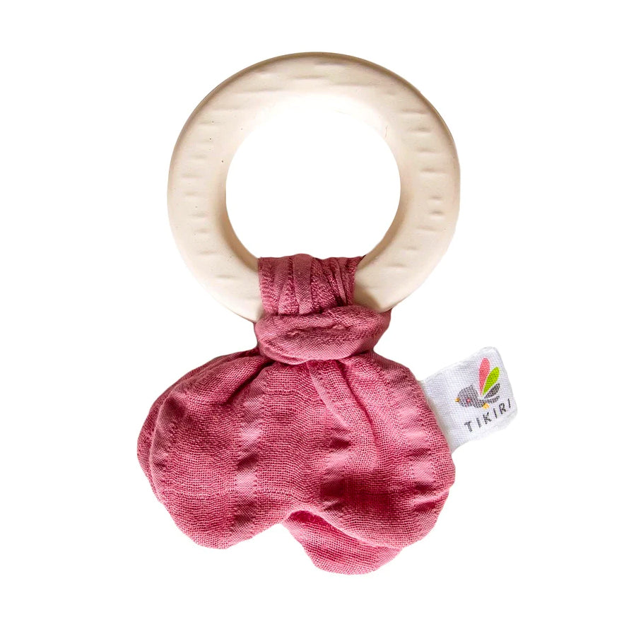 Natural Rubber Teether with Muslin Tie - Dusky Pink