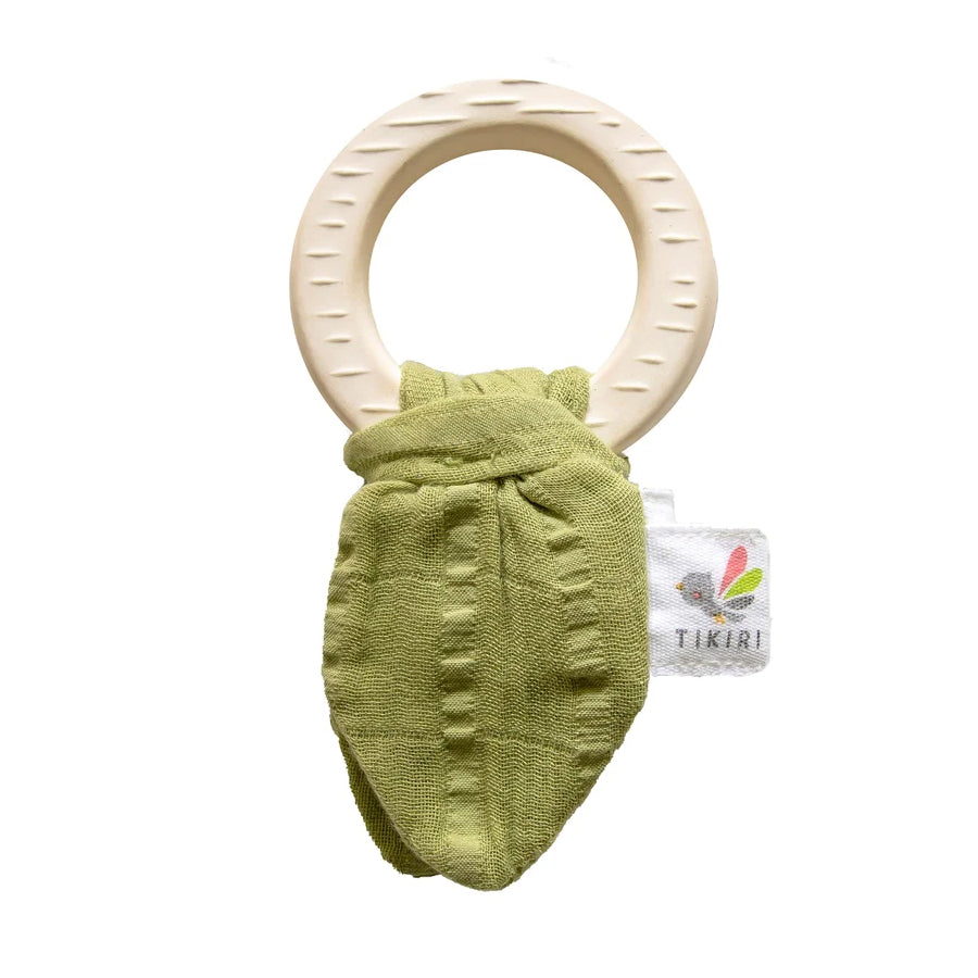 Natural Rubber Teether with Muslin Tie - Green