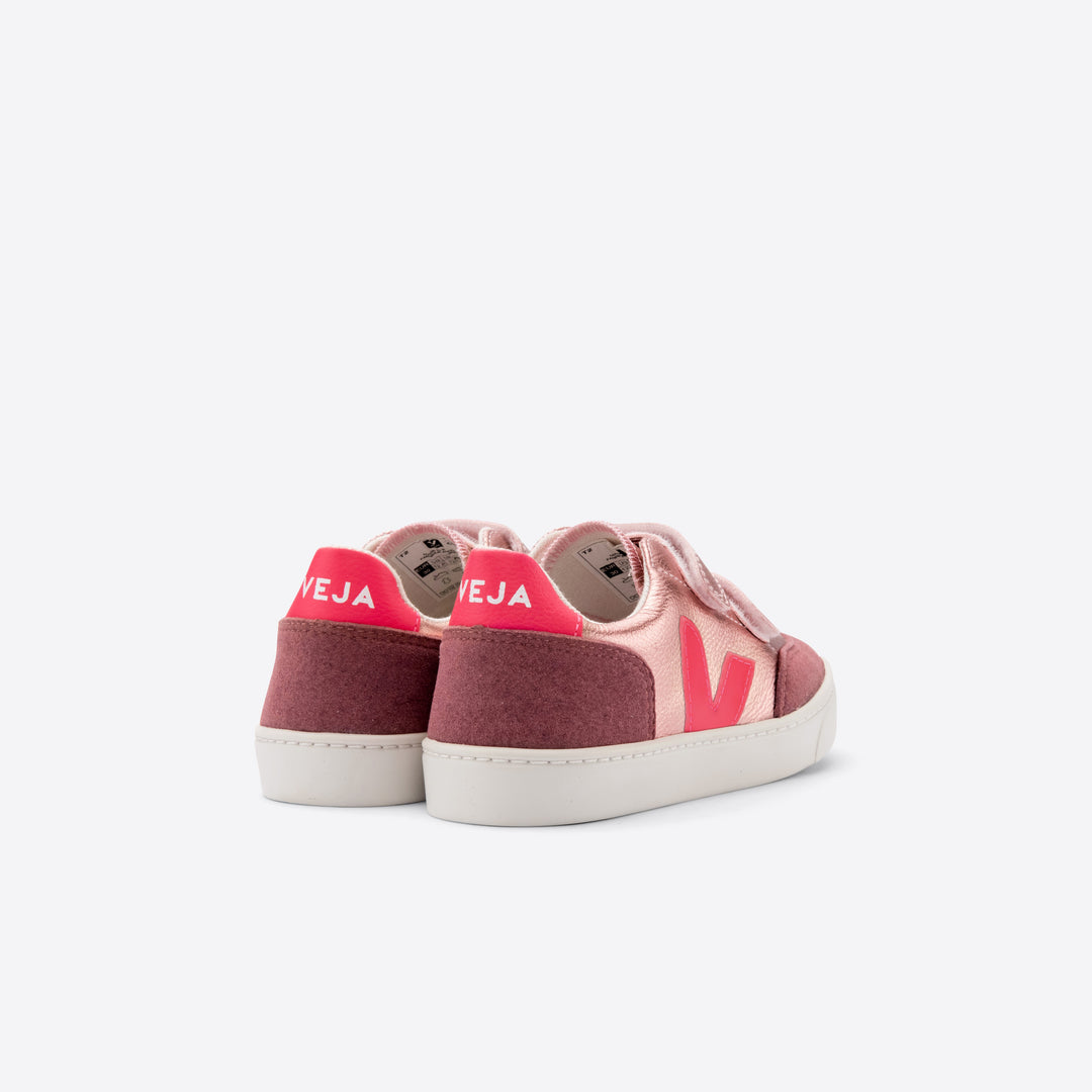 Veja V-12 Velcro Leather - Nacre/Rose Fluo