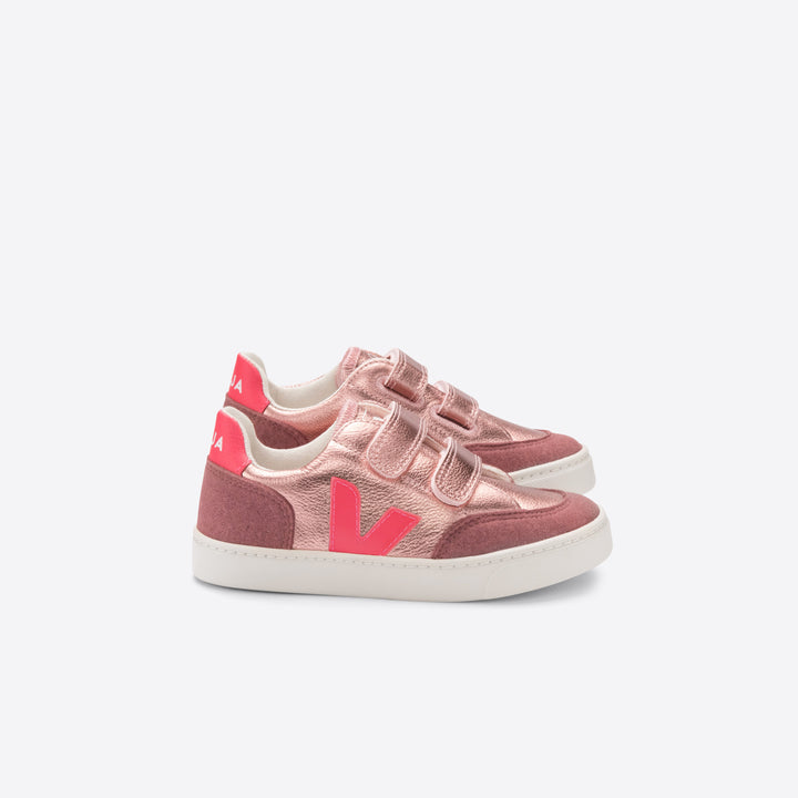 Veja V-12 Velcro Leather - Nacre/Rose Fluo