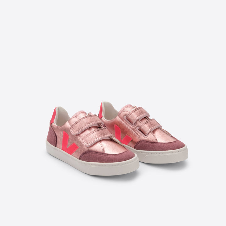 Veja V-12 Velcro Leather - Nacre/Rose Fluo
