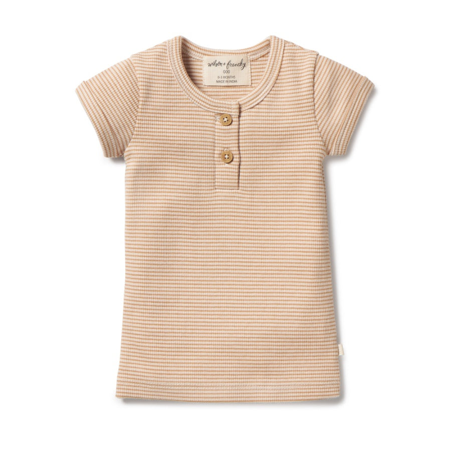 Organic Stripe Rib Henley Tee - Toffee