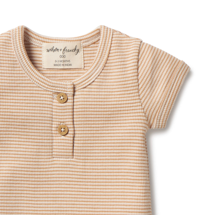 Organic Stripe Rib Henley Tee - Toffee