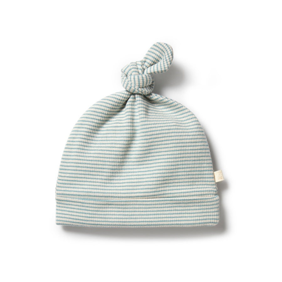 Organic Stripe Rib Knot Hat - Mineral Blue