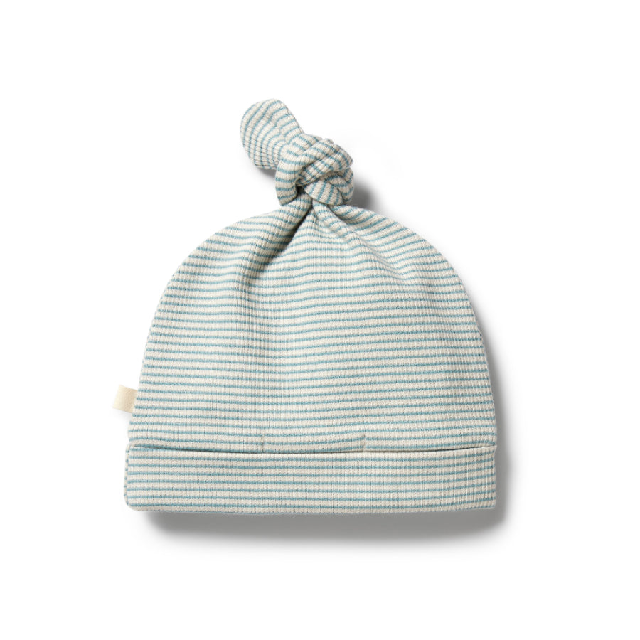 Organic Stripe Rib Knot Hat - Mineral Blue