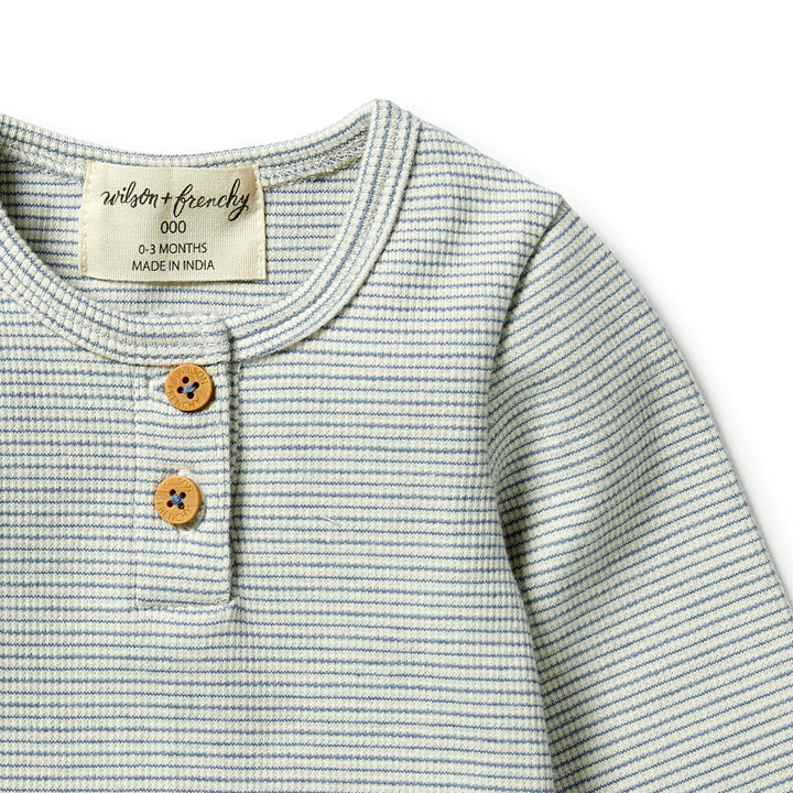 Wilson and Frenchy Organic Stripe Rib Henley Top - Bluestone
